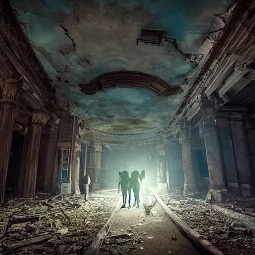 Image similar to A group of people exploring an abandoned city, they use flashlights, realistic, beautiful details, moonlight