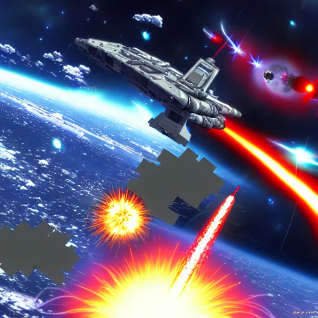 Prompt: a photo the last battleship attacks the planet killer superweapon in space, explosions, lasers, photorealistic, chuckcheese render by tomino - sama