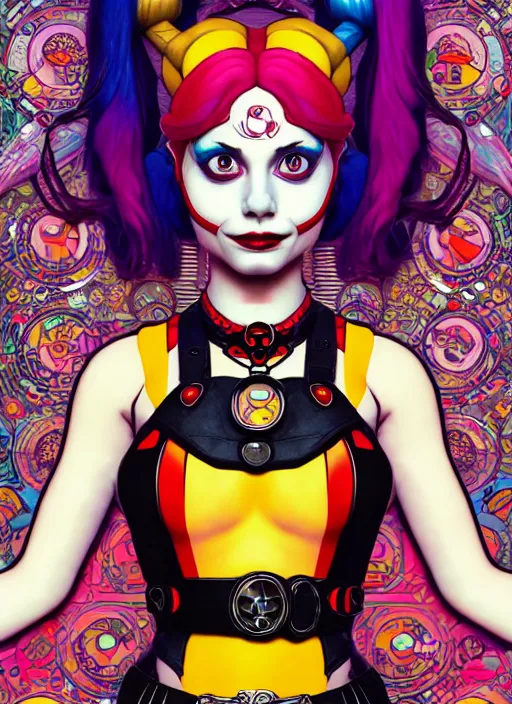 Prompt: harley quin as a minion, intricate artwork by josan gonzalez, artgerm, edmund leighton, kilian eng, alphonse mucha, very coherent artwork, cinematic, psychedelic, vibrant, octane render, unreal engine, 8 k, high contrast, black ink outline