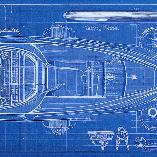 Prompt: blueprint of spaceship, technical drawing on blue paper, intricate detail, centered with clean background, studio lighting, 8 k