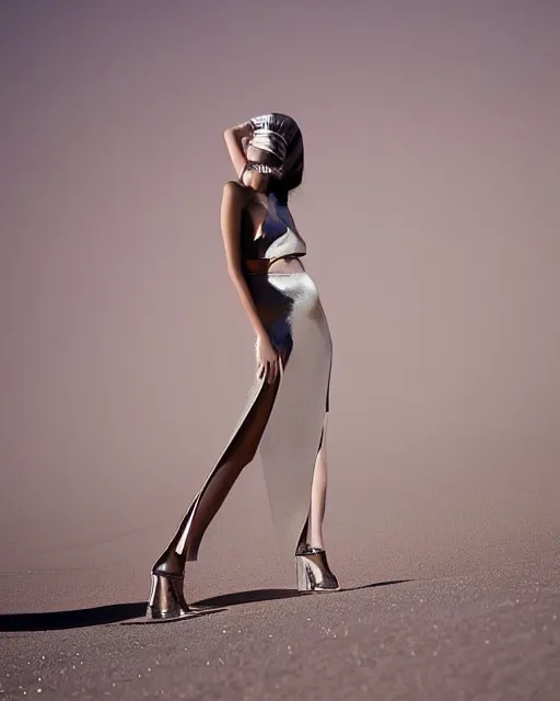 Image similar to standing in an abstract desert dunes criss-crossed with razor-thin lasers and threads, a young beautiful elegant blindfolded fashion model woman wearing posing in a splendid shiny metallic party dress, face and eyes obscured by a floating mid-air laserbeams and geometry