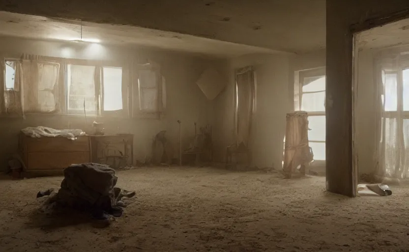Prompt: photo of the interior of a house built on nothing and something for the nothing underneath, scene from being john malcovich film directed by charlie kaufman ( 2 0 0 1 ), moody cinematography and lighting, 2 4 mm anamorphic lens