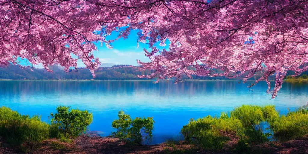 Prompt: Sakura trees in the foreground with a beautiful pristine lake with reflections, 8k, photorealistic, neon colors, vivid colors, landscape imagery, landscape photography, landscape perspective