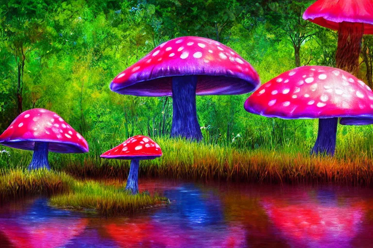 Image similar to a painting of giant mushrooms with next to a small bridge, flowing water, digital art, zangarmarsh, scenic, reds, purples, pink, reflections, blue lighting, glow's in side the mushrooms, complex background, chill,