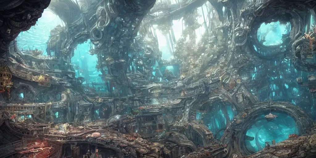 Image similar to masterpiece artwork of a underwater city inside of aquarium, hyper detailed, art, trending in artstation, behance, deviantart, art style by kim jung gi and greg rutkowski