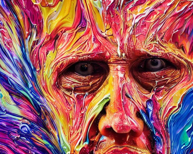 Image similar to still shot close up footage of the portrait of a human head explodes and disintegrates into acrylic pour and splashing paint, motion blur, hyperrealistic, medical, intricate art photography, anatomically correct, realistic crisp textures, 1 6 k