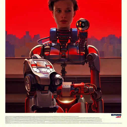 Image similar to the robot from the movie short circuit, wearing a red polo shirt, a gamestop setting, intricate, headshot, highly detailed, digital painting, artstation, concept art, sharp focus, cinematic lighting, illustration, art by artgerm and greg rutkowski, alphonse mucha, cgsociety, edward hopper