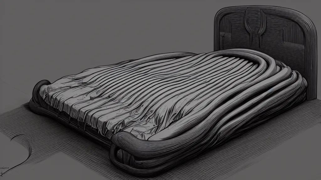 Image similar to comfortable bed that makes me want to sleep, hyperdetailed, artstation, cgsociety, style of Giger, H. R. GIGER, style of Junji Ito, 4K, highly detailed, minimalistic, minimalistic, minimalistic, fine tuned, machina