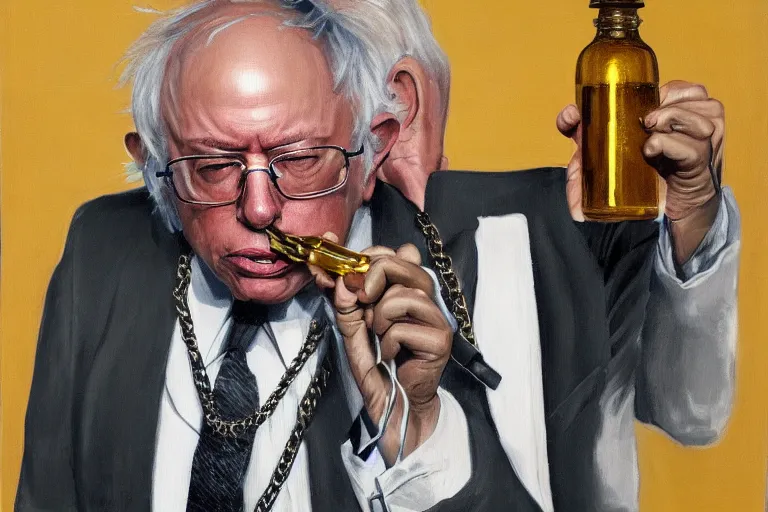 Image similar to Bernie Sanders as rap artist in the hood with gold chains and gold teeth, drinking cough syrup, carrying an Uzi, oil on canvas, artstation, portrait, masterpiece, aesthetic