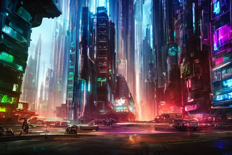 Image similar to photograph of a cyberpunk city by marc adamus, futuristic, hd, 8 k, trending on pexels, detailed shot, sharp focus