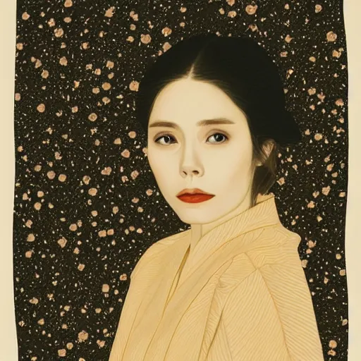 Prompt: “ elizabeth olsen portrait by ikenaga yasunari and ayana otake and ko rakusui, drawing, realistic, sharp focus, japanese, dreamy, nostalgia, faded, golden hues, floral clothes ”