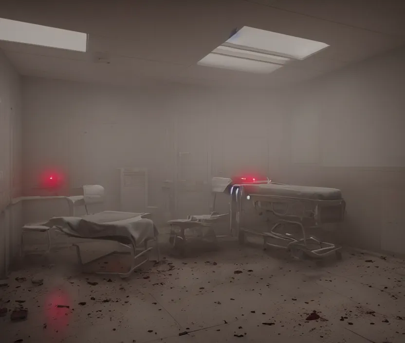 Image similar to Abandoned hospital room with red ceiling lighting and several blue lights on the walls, gloomy and foggy atmosphere, octane render, artstation trending, horror scene, highly detailded