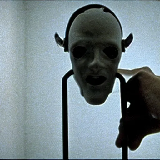 Prompt: Possession (1981) movie by Andrzej Żuławski, movie still, robot head and man head, dop