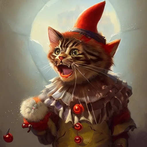 Prompt: detailed portrait of a cat dressed as a clown, by justin gerard and greg rutkowski, digital art, realistic painting, dnd, dungeons & dragons, character design, trending on artstation