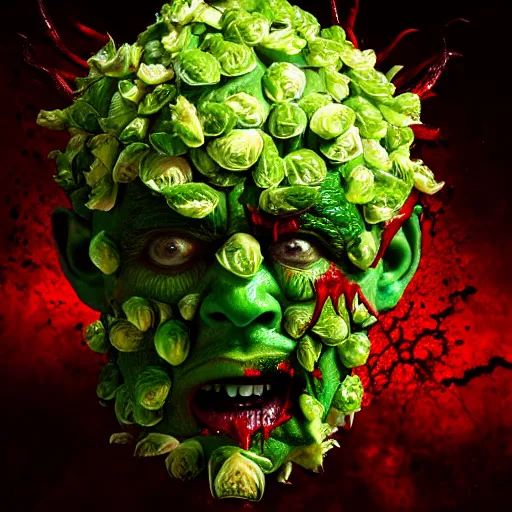 Image similar to a face made of brussels sprouts, horror, terrifying, demon, blood, 8 k, trending on artstation, 8 0 mm photography, hyperrealistic