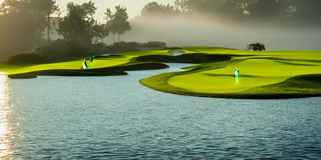 Prompt: a great photograph of the most amazing golf hole in the world completely surrounded by water, calm water, perfect light, ambient light, 5 0 mm, golf digest, top 1 0 0, fog