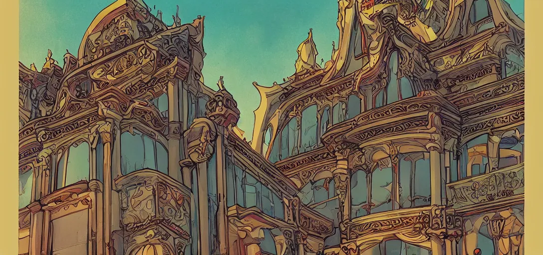 Prompt: Temple art nouveau, wide angle shallow depth of field, in the graphic style of Patrick Gleason, detailed art, trending on Artstation, sharp focus, comic art