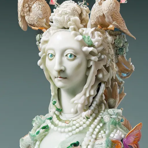 Image similar to a closeup photo, rococo alabaster and jade real delicate ceramic porcelain sculpture of an ornate detailed vulture goddess in front of an intricate background by rafael, micro detail, backlit lighting, subsurface scattering, translucent, thin porcelain, emerald, jade, octane renderer, colorful, physically based rendering, trending on cgsociety