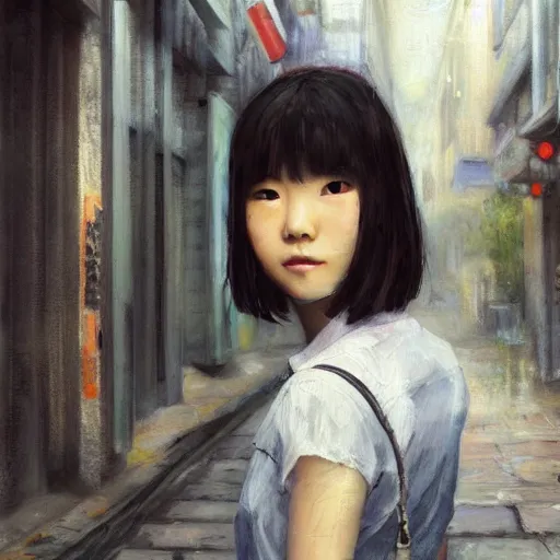 Image similar to a perfect, realistic professional oil painting in impressionism style, of a Japanese schoolgirl posing in a dystopian alleyway, close-up, by a professional American senior artist on ArtStation, a high-quality hollywood-style concept