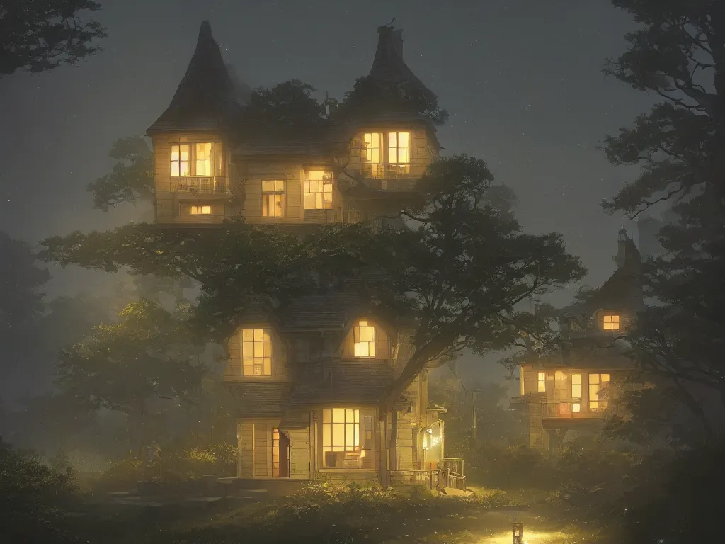 Prompt: A highly detailed matte painting of single house at night, moon, forest, by Studio Ghibli, Makoto Shinkai, by Artgerm, by WLOP, by Greg Rutkowski, volumetric lighting, octane render, 4K resolution, trending on artstation, masterpiece