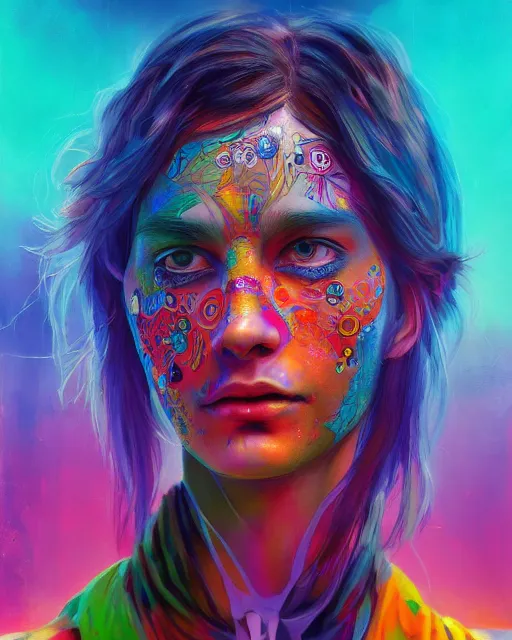 Image similar to colorful detailed portrait of a hippie, set in the future 2 1 5 0 | highly detailed | very intricate | symmetrical | professional model | cinematic lighting | award - winning | painted by mandy jurgens | pan futurism, dystopian, bold colors, cyberpunk, groovy vibe, anime aesthestic | featured on artstation