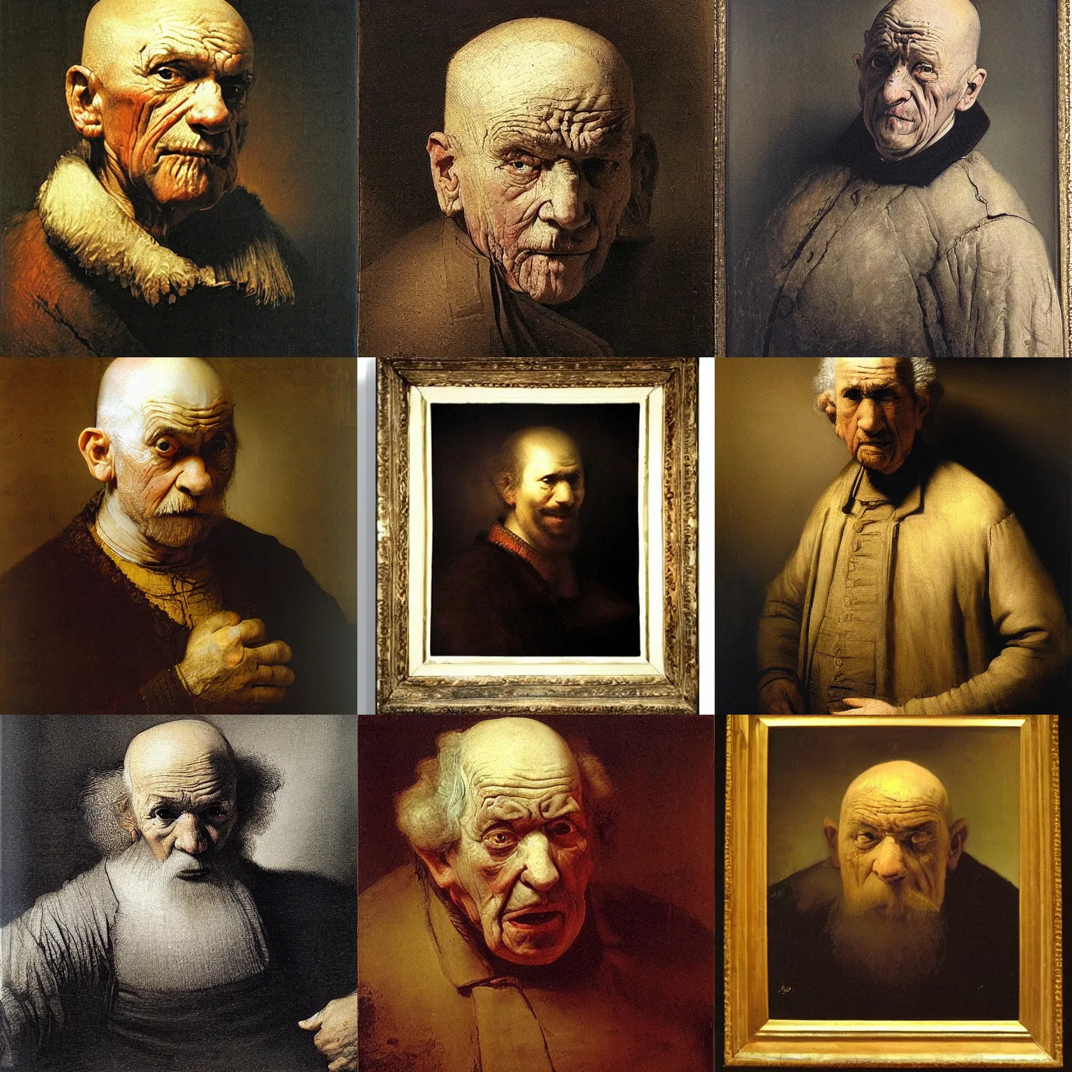 Prompt: 2 0 0 year old man, very angry expression, bald, painter by rembrandt