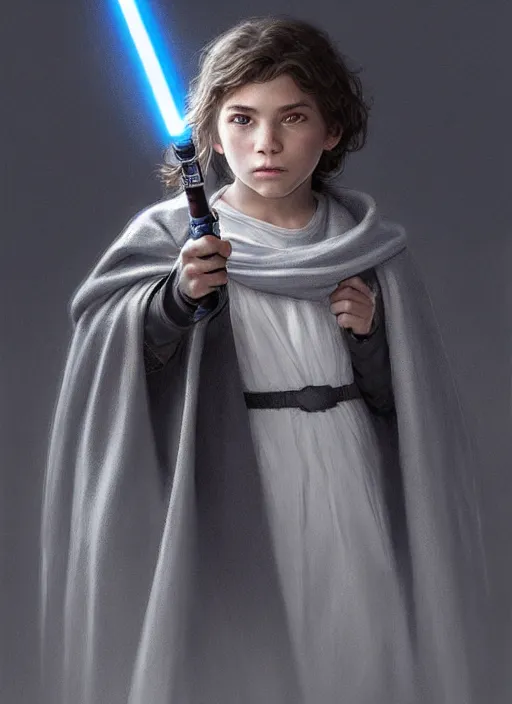 Image similar to perfectly - centered - portrait of a kid wearing grey cloak holding light saber, intricate, highly detailed, digital painting, artstation, concept art, smooth, sharp focus, illustration, unreal engine 5, 8 k, art by artgerm and greg rutkowski and alphonse mucha