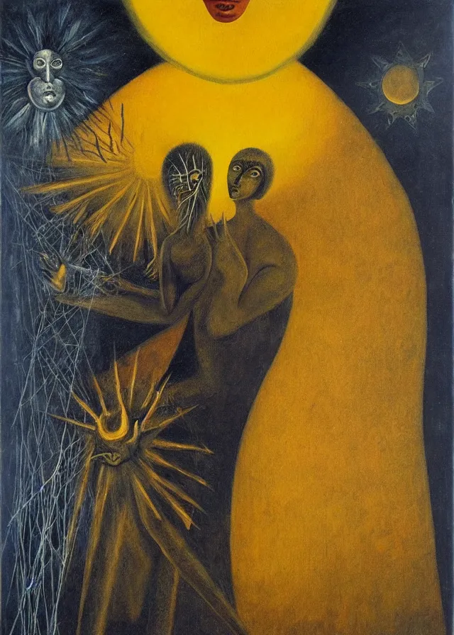 Prompt: the king of the sun, dreaming, surreal, dark and poetic, painted on masonite, by remedios varo