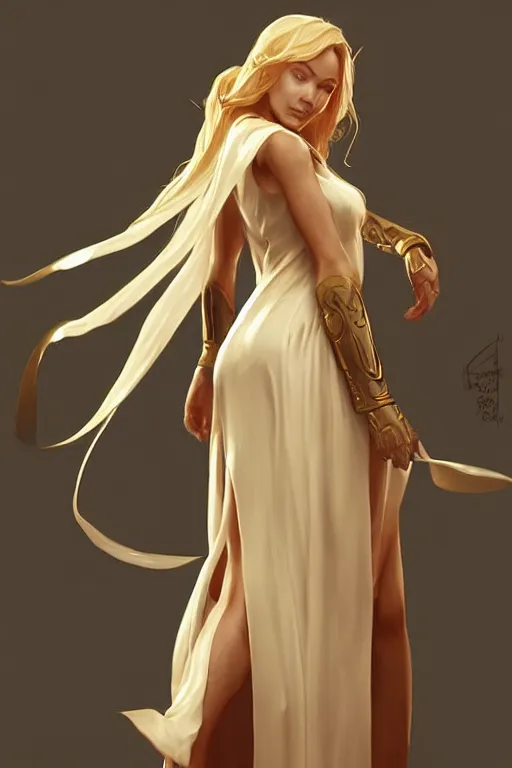 Prompt: Female cleric, golden-white robes, fantasy, detailed face!, derriere, looking from side, artstationHD, octane, by artgerm and wlop