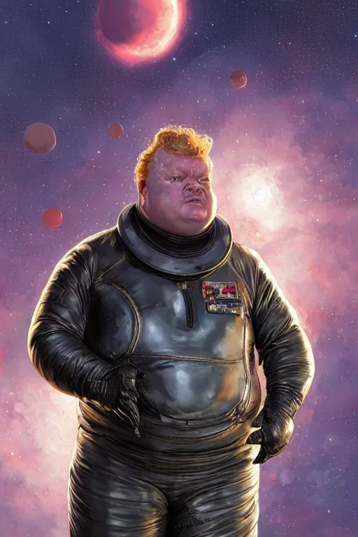 Image similar to upper body portrait of baron harkonnen wearing leather spacesuit, detailed, sunshine, nebula space background, illustration by normal rockwell, artstation character art, john william waterhouse, concept art, greg rutkowski