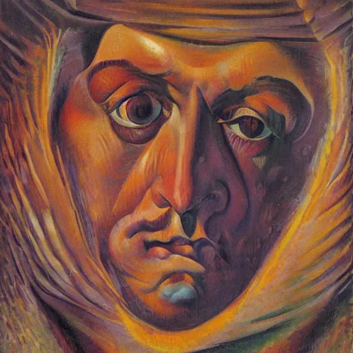 Prompt: extreme closeup portrait by umberto boccioni wojciech siudmak giacomo balla william blake, symmetrical, oil on canvas