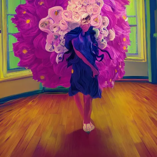 Image similar to giant flower head, woman in a luxury apartment, surreal photography, dramatic light, impressionist painting, digital painting, artstation, van gogh