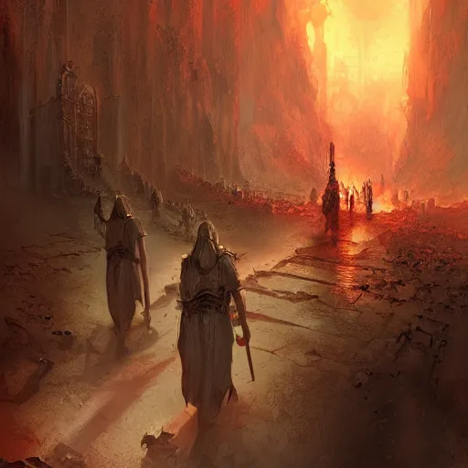 Prompt: Gods walking through hell, fantasy, by Marc Simonetti