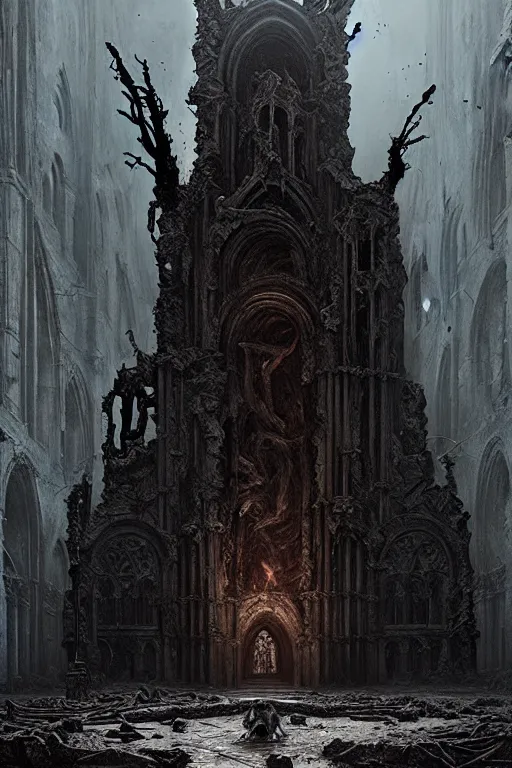 Prompt: abandoned cathedral in hell. guarded by hellhounds. dead tree, by greg rutkowski, giger, maxim verehin