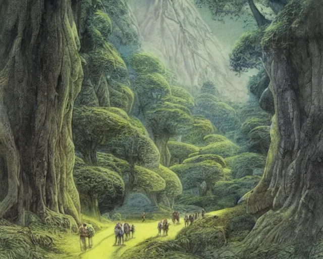 Prompt: a valley with tall trees and two hobbits walking through the forest, by Tolkien and Alan Lee