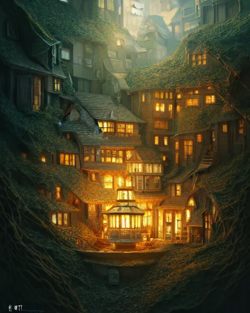 Prompt: a tilt - shift town nestled in the hollow of a tree, studio lighting, golden ratio, details, scifi, dark fantasy, intricate, decadent, ornate, highly detailed, digital painting, octane render, ray tracing reflections, 8 k, artstation, concept art, smooth, sharp focus, illustration, art by artgerm, loish, by wlop