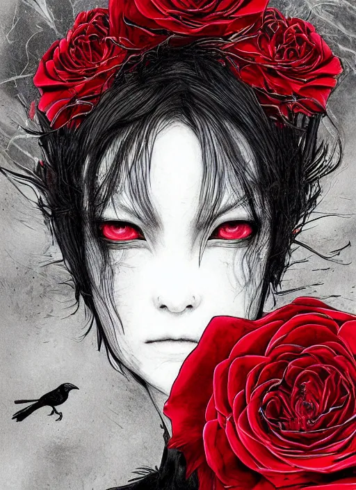 Prompt: portrait, A crow with red eyes in front of the full big moon, book cover, red roses, red white black colors, establishing shot, extremly high detail, foto realistic, cinematic lighting, pen and ink, intricate line drawings, by Yoshitaka Amano, Ruan Jia, Kentaro Miura, Artgerm, post processed, digital art, artstation, matte painting, style by eddie mendoza, raphael lacoste, alex ross