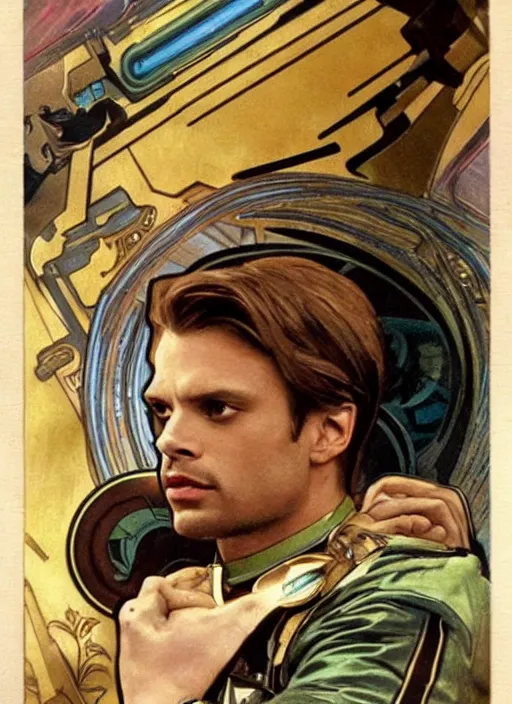 Image similar to sebastian stan as a star trek captain, a still from star trek painted by alphonse mucha. clear highly detailed face, beautiful sci fi art