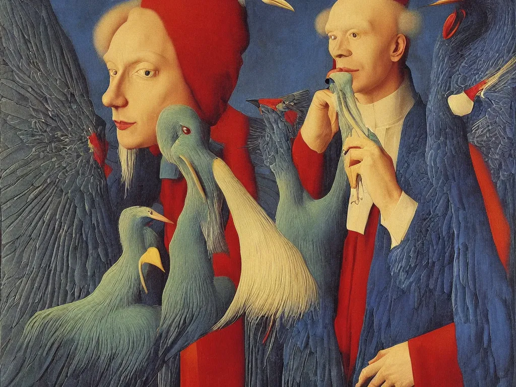 Image similar to Portrait of albino mystic with blue eyes, with exotic beautiful crane. Painting by Jan van Eyck, Audubon, Rene Magritte, Agnes Pelton, Max Ernst, Walton Ford