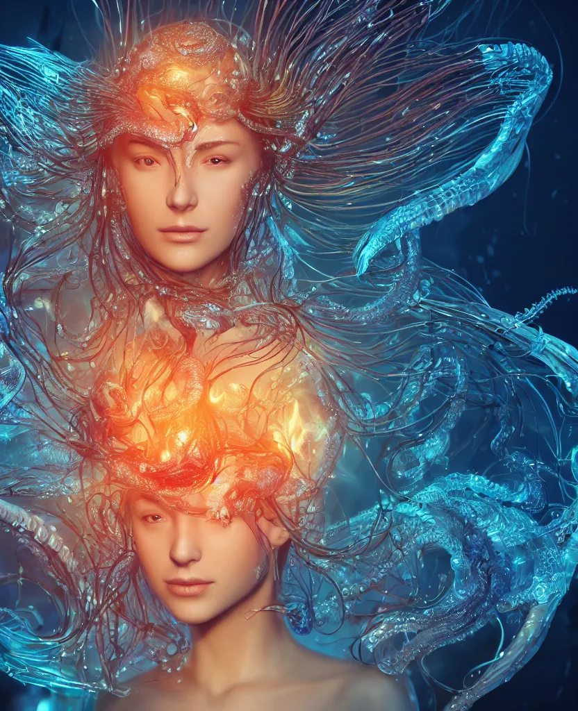 Image similar to close-up macro portrait of the face of a beautiful princess, epic angle and pose, symmetrical artwork, 3d with depth of field, blurred background, cybernetic jellyfish female face skull phoenix bird, translucent, nautilus, energy flows of water and fire. a highly detailed epic cinematic concept art CG render. made in Maya, Blender and Photoshop, octane render, excellent composition, cinematic dystopian brutalist atmosphere, dynamic dramatic cinematic lighting, aesthetic, very inspirational, arthouse. y Greg Rutkowski, Ilya Kuvshinov, WLOP, Stanley Artgerm Lau, Ruan Jia and Fenghua Zhong