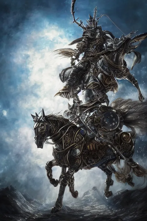 Prompt: a full body shot of an azure knight riding a mechanical steampunk horse across the sky by Kentaro Miura, Wolf themed armour, moonlit, colored by Ronda Pattison, heavy armor, blue flame trail, dark colors, highly detailed, trending on artstation, CGsociety, exquisite detail, post-processing, masterpiece, volumetric lighting, cinematic, hypermaximalistic, high details, cinematic, 8k resolution, beautiful detailed, insanely intricate details