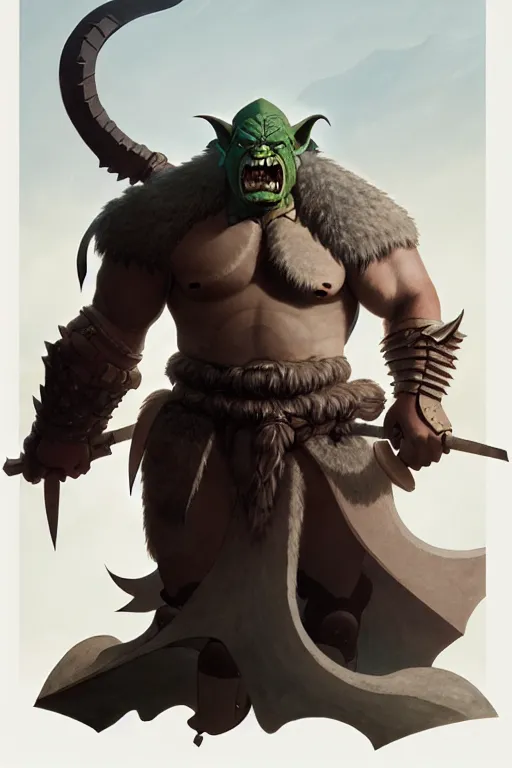 Image similar to orc barbarian wearing leather armor, full body shot, exquisite details, earth magic, mid view, design on a white background, by studio muti, greg rutkowski, makoto shinkai, takashi takeuchi, studio ghibli