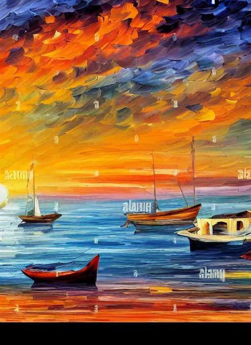 Image similar to beautiful seaside greek village and boats at sunset in the style of leonid afremov