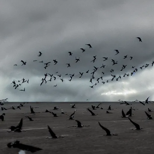 Prompt: a tornado!! made of seagulls, windy, cloudy, realistic reflections, cinematic lighting