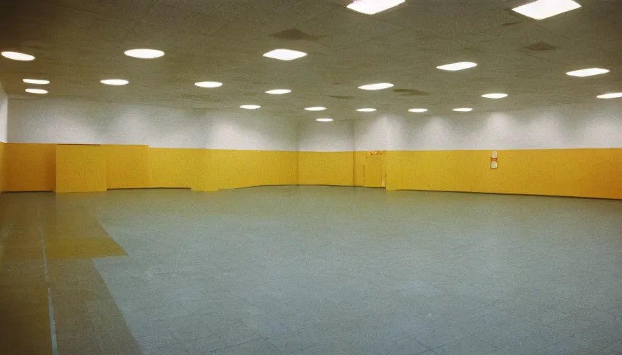 Prompt: 60s movie still of a sovietic stalinist style empty hall with yellow tiles and non-separate toilets, cinestill 800t 50mm eastmancolor, liminal Space style, heavy grain-s 150