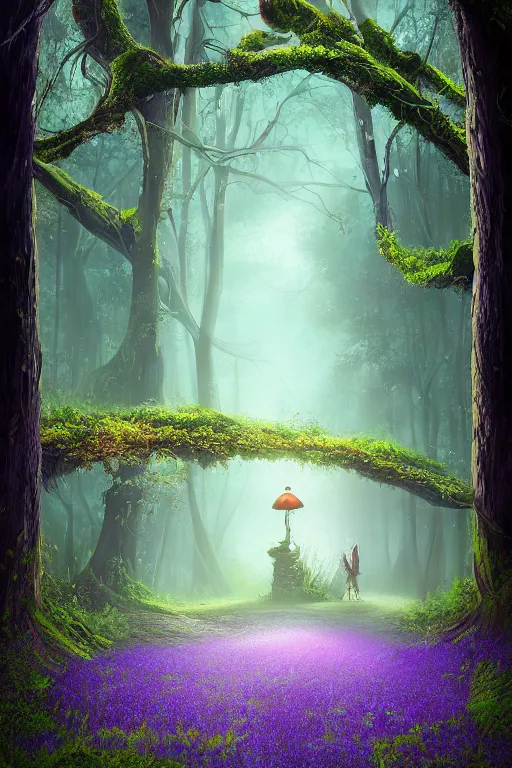 Prompt: beautiful dark wonderland serene gateway with mushrooms and grassy magic drooping bluebell flowers Digital Matte Illustration by Alena Aenami