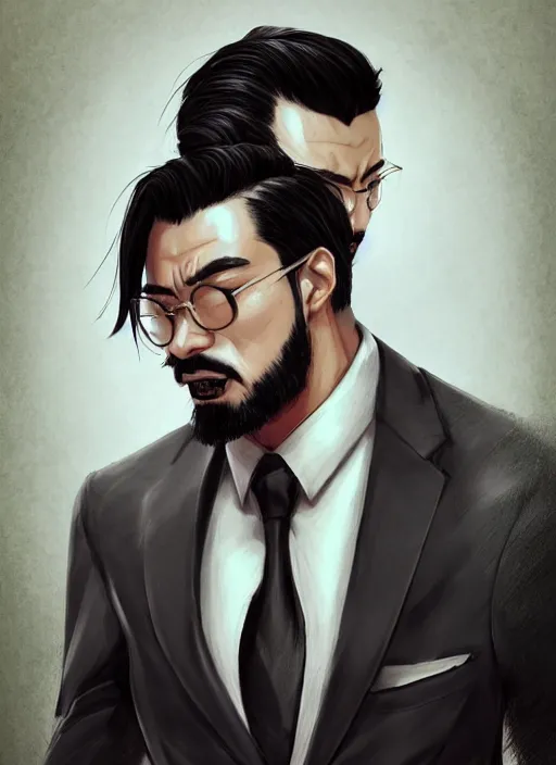 Prompt: a highly detailed illustration of serious short black haired asian man with goatee wearing suit, dramatic reading book pose, muscular, intricate, elegant, highly detailed, centered, digital painting, artstation, concept art, smooth, sharp focus, league of legends concept art, WLOP