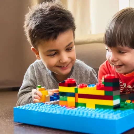 Prompt: a cat and a kid playing with Lego