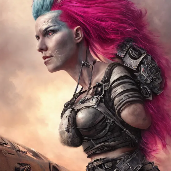 Prompt: beautiful apocalyptic woman with pink Mohawk, standing on mad max panzer tank, epic, smooth, sharp focus, 4k ultra hd, fantasy dark art, tank girl, artgerm, artstation, octane render, elegant, detailed digital painting