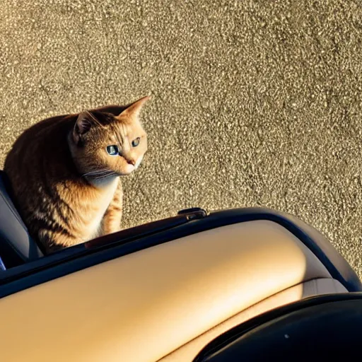 Prompt: top view of cabriolet, cat sitting in driver seat with paws resting on top of steering wheel, golden hour, top view